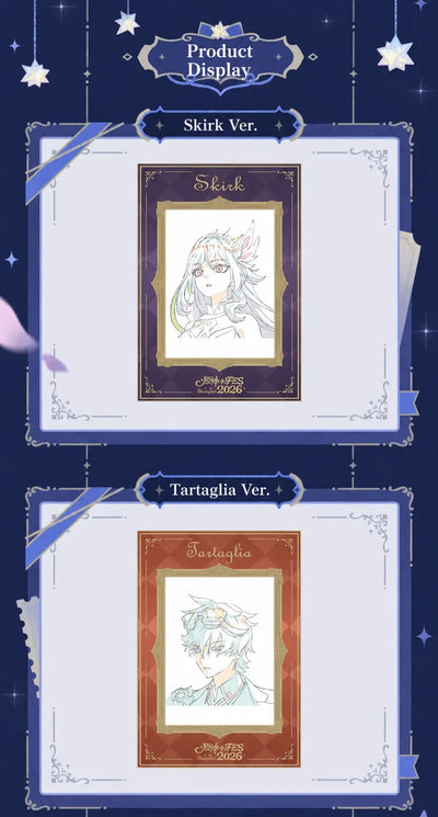 Skirk and Tartaglia Genshin Impact FES 2026 artwork lenticular card designs