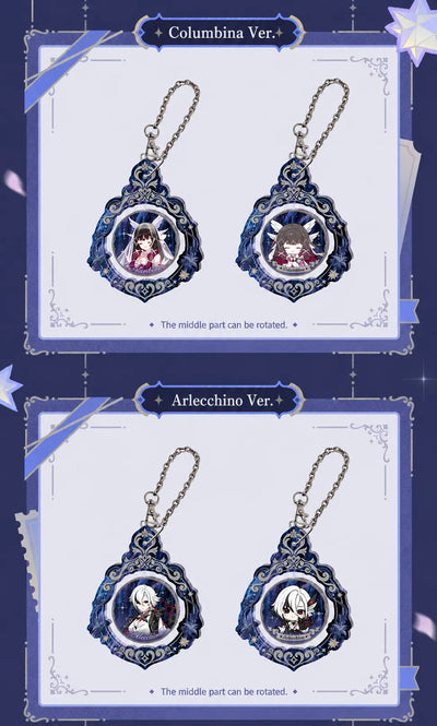 Columbina and Arlecchino rotating acrylic charm designs from Genshin Impact FES 2026 Series