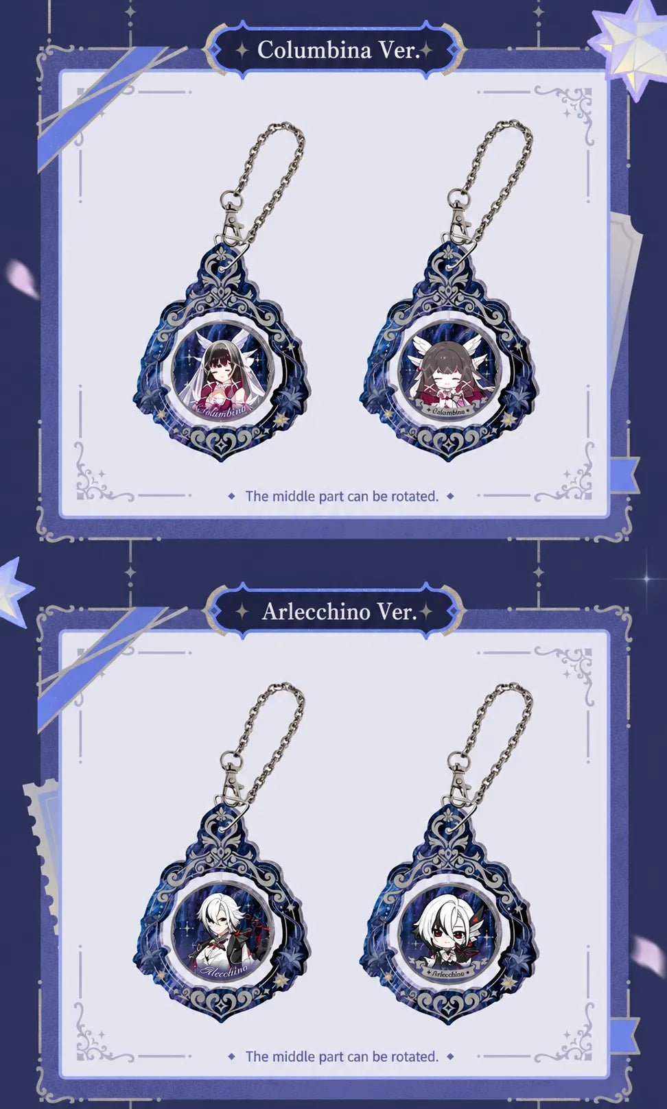 Columbina and Arlecchino rotating acrylic charm designs from Genshin Impact FES 2026 Series