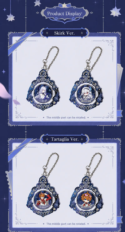 Skirk and Tartaglia rotating acrylic charm designs from Genshin Impact FES 2026 Series
