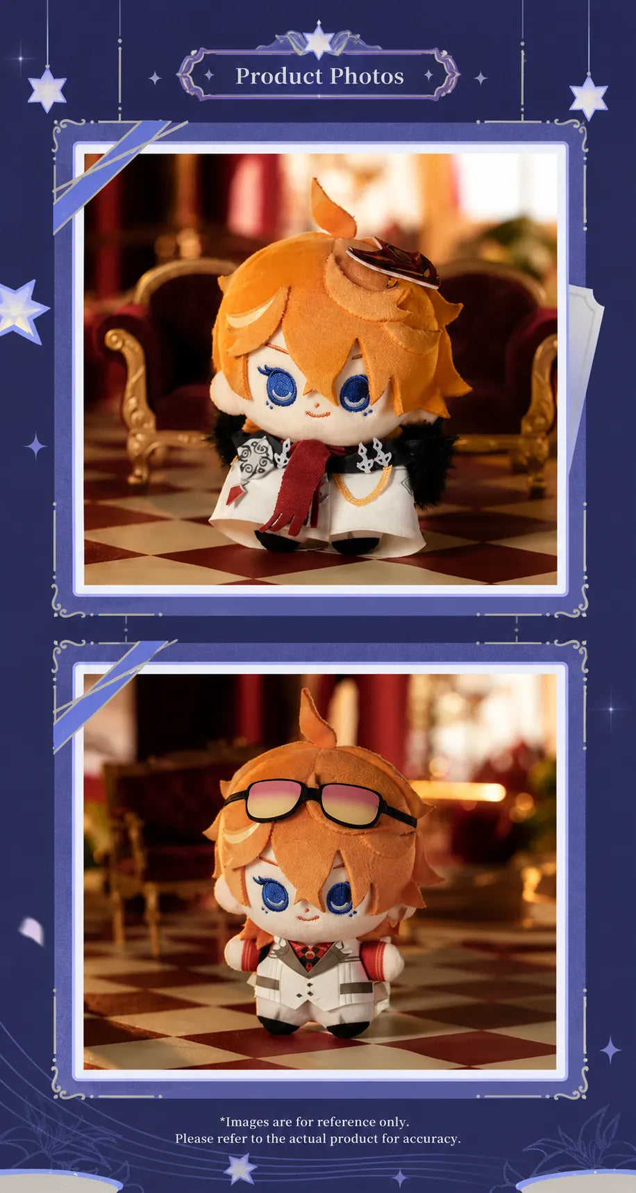 Tartaglia Genshin Impact FES 2026 mini plush displayed in the decorative gift box scene