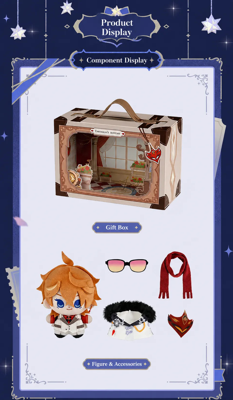 Tartaglia Genshin Impact FES 2026 mini plush suitcase-style gift box and display scene