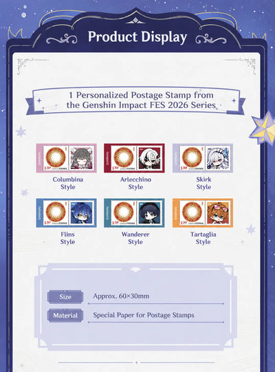 Genshin Impact FES 2026 character postcard designs and specifications