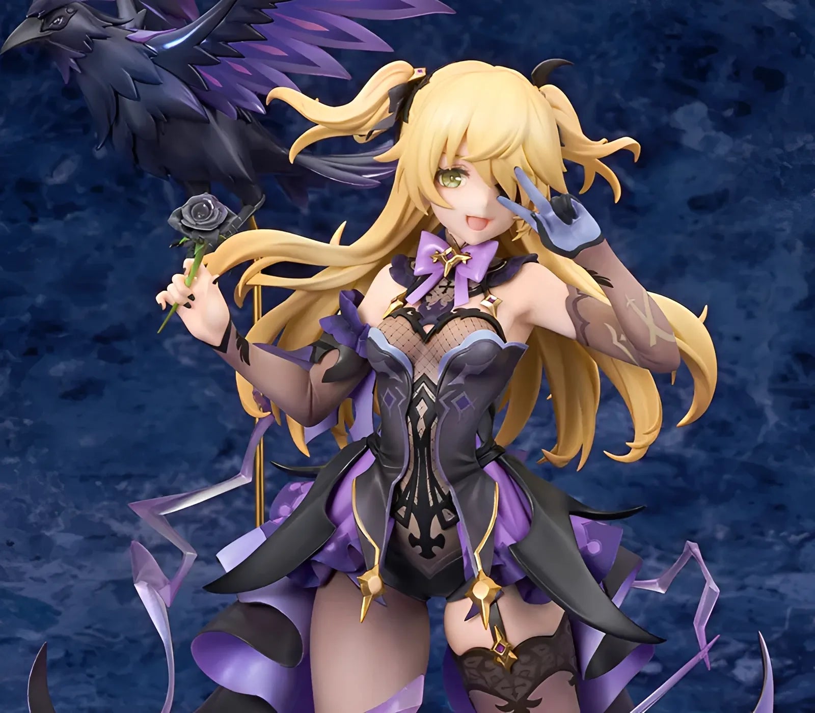 Fischl 1/7 scale collectible figure side view featuring gothic outfit and flowing Electro effects