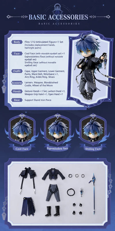 Genshin Impact Flins action figure with cool, expressionless and smiling interchangeable face plates