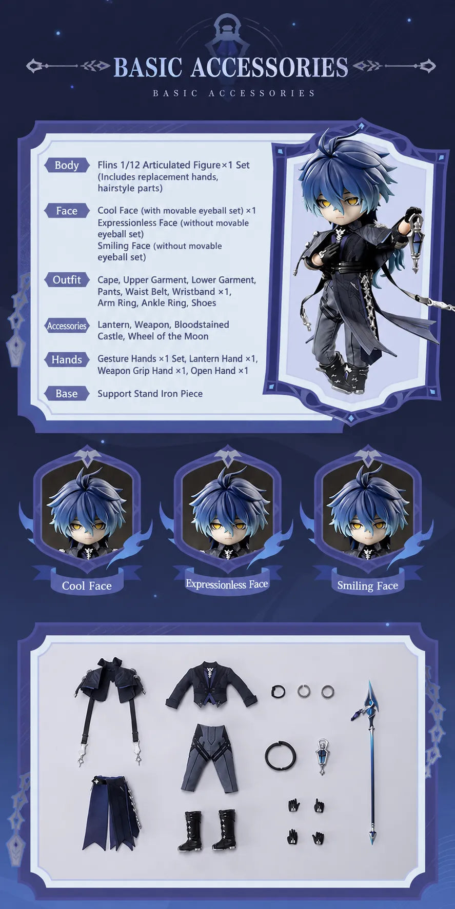 Genshin Impact Flins action figure with cool, expressionless and smiling interchangeable face plates
