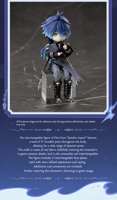 Genshin Impact Flins action figure posed with character weapon and detailed removable fabric costume