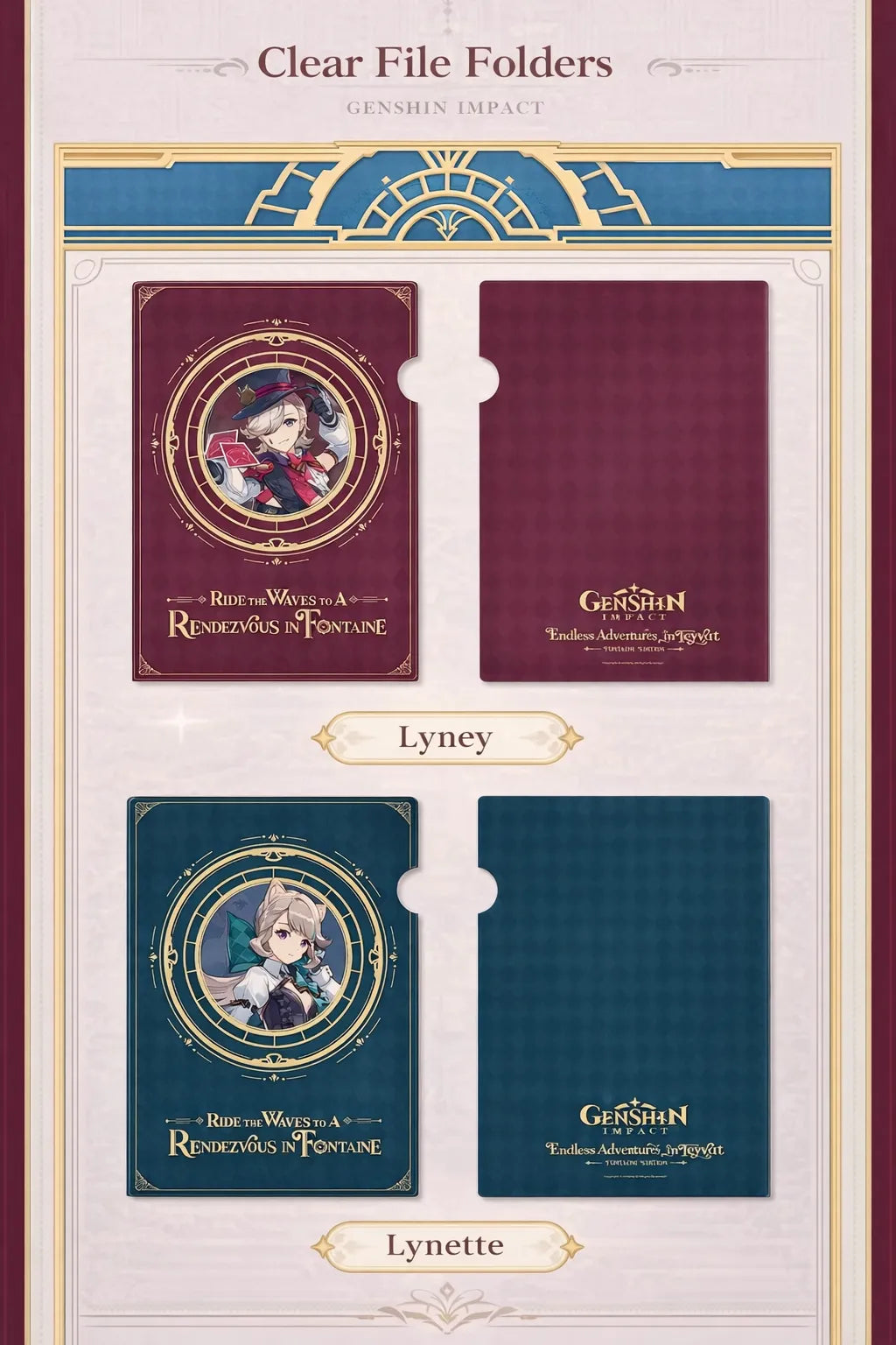 Genshin Impact Fontaine clear file folders detail elegant character illustration document holder design
