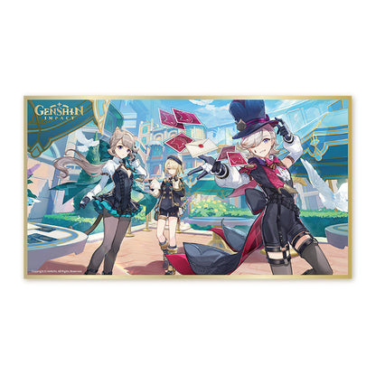 Genshin Impact Fontaine color prints featuring Lyney Lynette Freminet game art exhibition illustration display