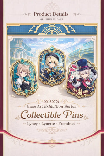 Genshin Impact Fontaine merchandise collection overview showing pins acrylic standees and file folders for Lyney Lynette Freminet