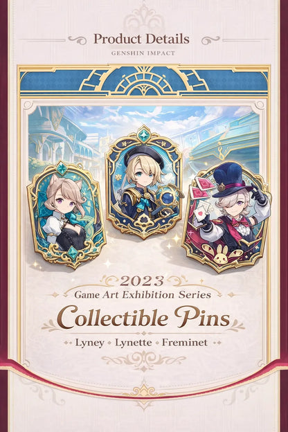 Genshin Impact Fontaine merchandise collection overview showing pins acrylic standees and file folders for Lyney Lynette Freminet