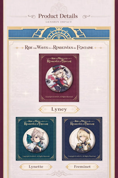 Genshin Impact Fontaine tinplate pins detail featuring Lyney Lynette Freminet character badge close up