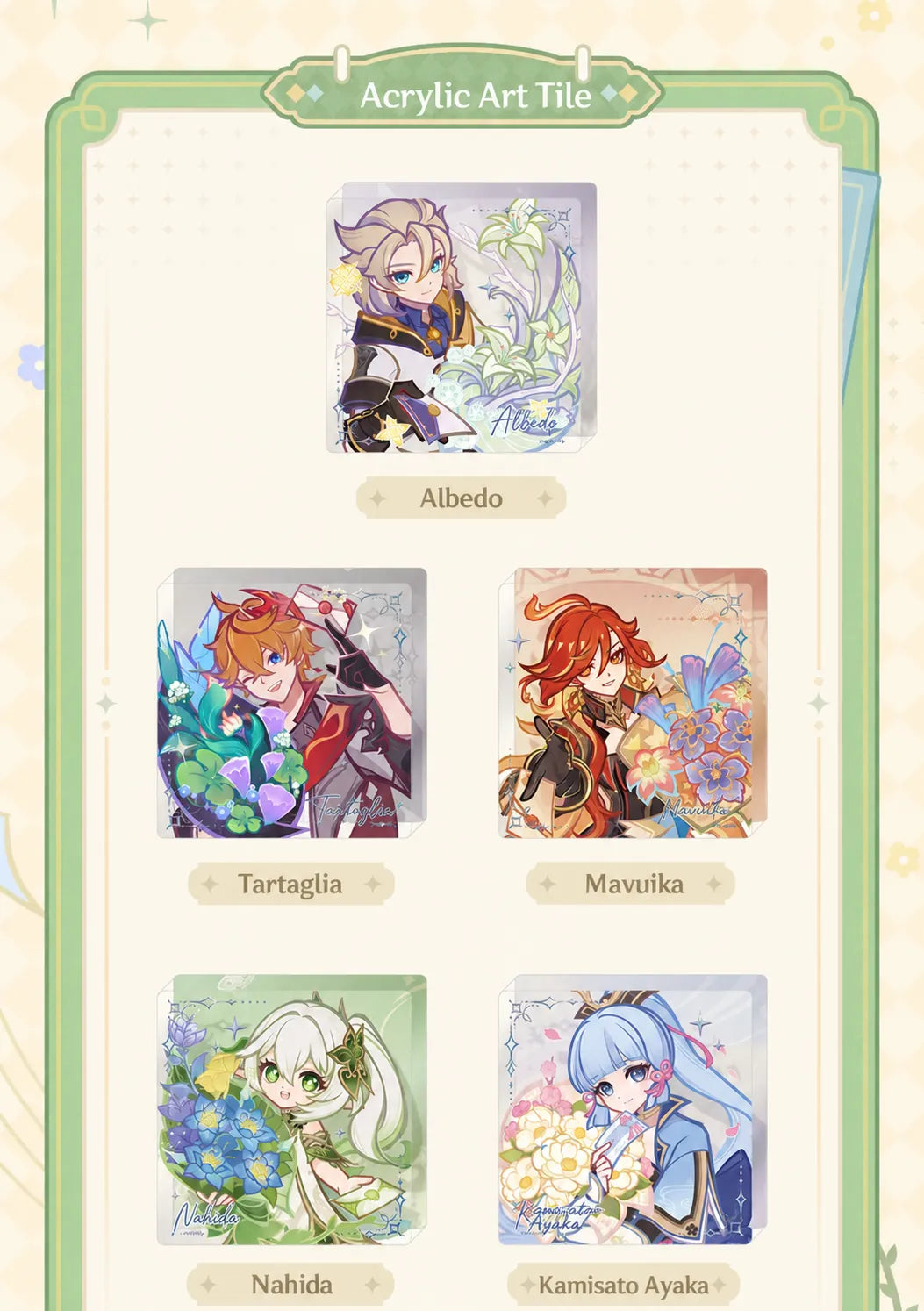 Genshin Impact Moment of Fragrant Whispers acrylic art tiles featuring Albedo, Tartaglia, Mavuika, Nahida and Ayaka