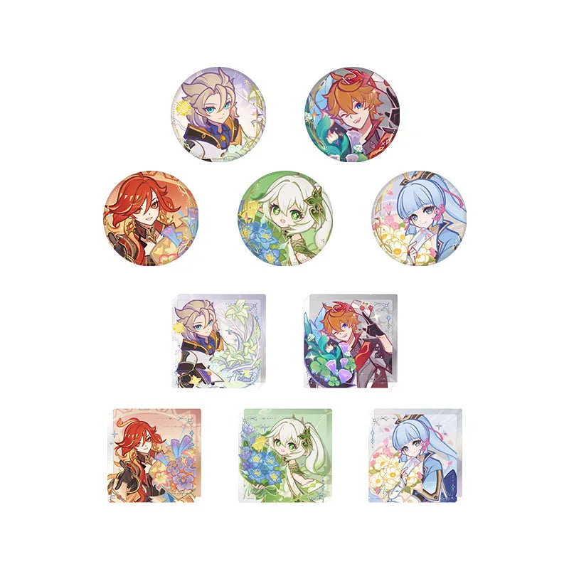 Genshin Impact Moment of Fragrant Whispers character badges and acrylic art tiles collection