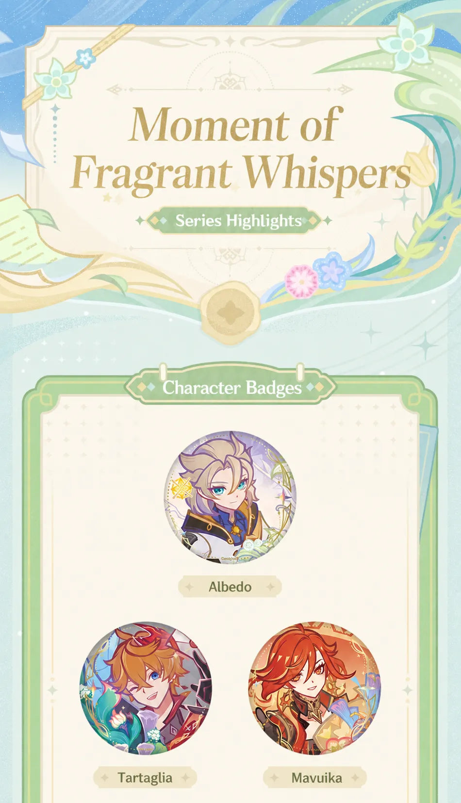 Genshin Impact Moment of Fragrant Whispers character badge designs featuring Albedo, Tartaglia, Mavuika, Nahida and Kamisato Ayaka