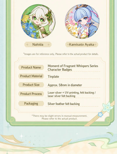 Genshin Impact Moment of Fragrant Whispers character badges with floral artwork and decorative details
