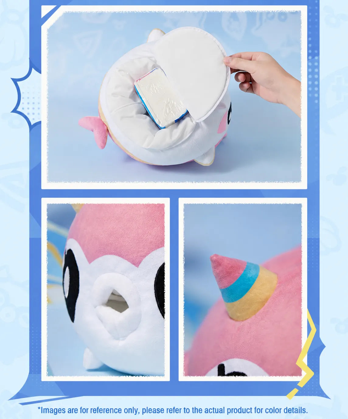 Freshwater puffer plush tissue holder close up embroidery and fabric texture details