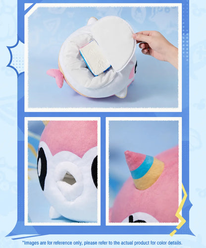 Freshwater puffer plush tissue holder close up embroidery and fabric texture details