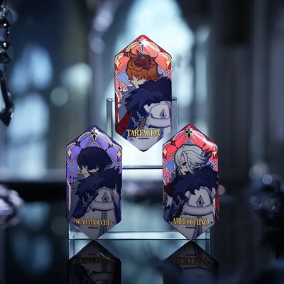 Genshin Impact Fatui Harbinger badge collection from the Frost and Flame Series