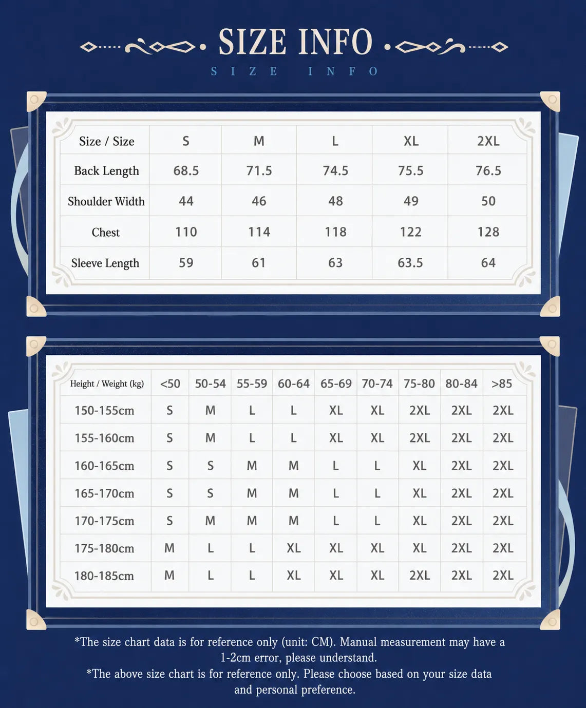 Genshin Impact Furina Collarless Casual Jacket size chart and fit guide