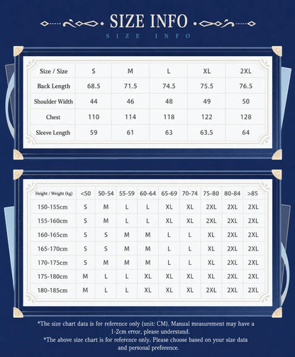 Genshin Impact Furina Collarless Casual Jacket size chart and fit guide