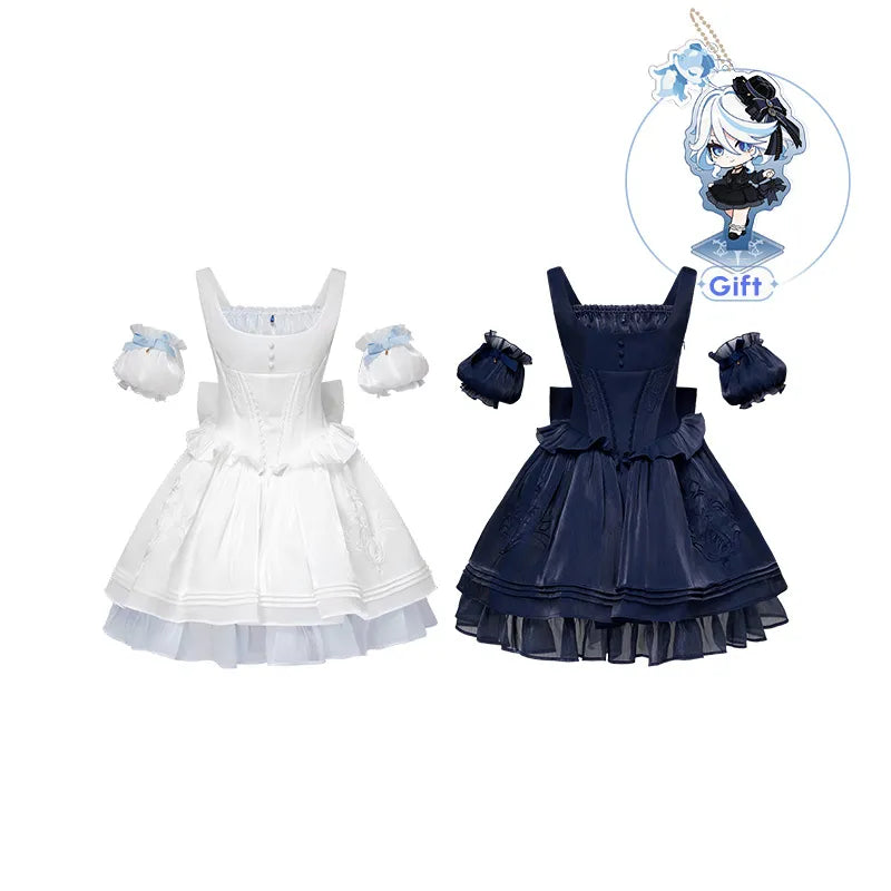 Genshin Impact Furina themed fish bone suspender dress available in white and navy blue