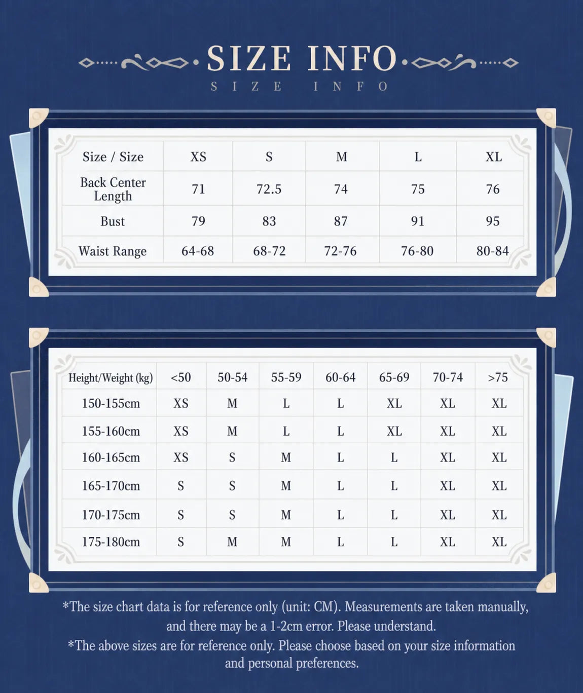 Genshin Impact Furina Themed Impression Series fish bone suspender dress size chart and fitting guide