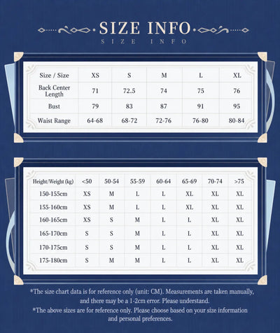 Genshin Impact Furina Themed Impression Series fish bone suspender dress size chart and fitting guide