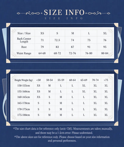 Genshin Impact Furina Themed Impression Series fish bone suspender dress size chart and fitting guide