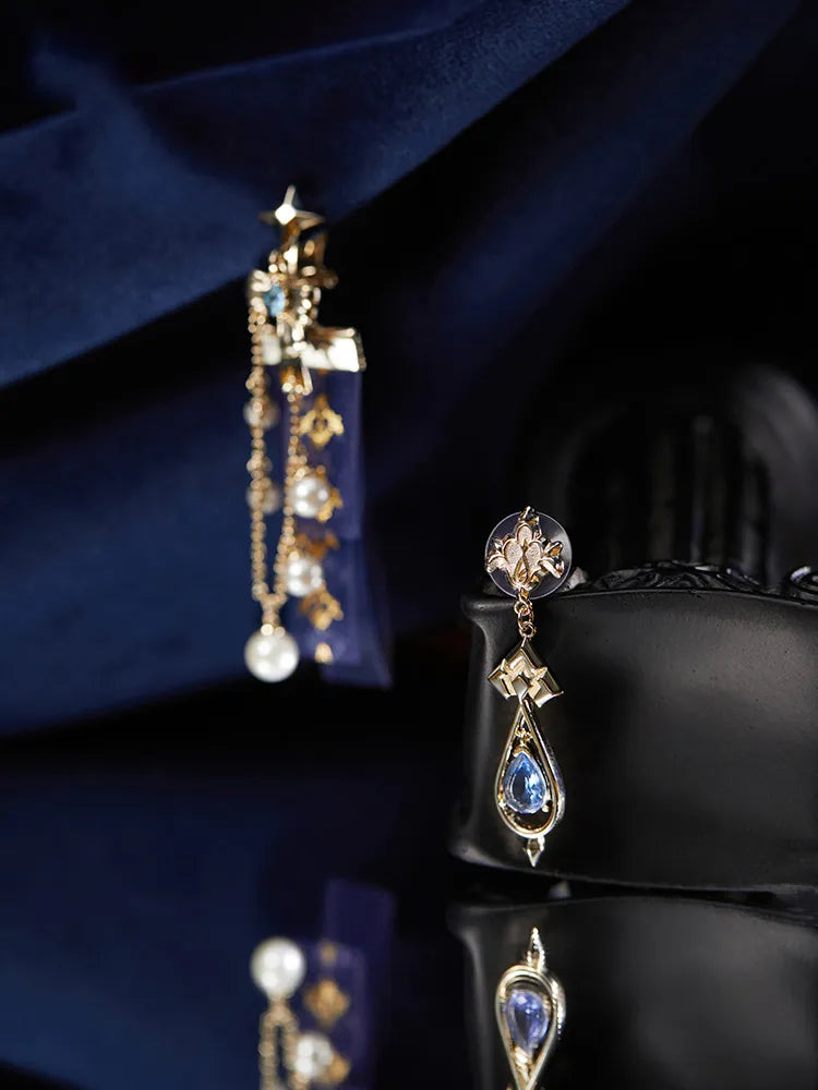 Furina themed earrings collection with gemstone and pearl details