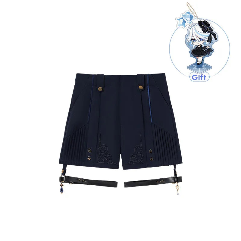 Genshin Impact Furina themed high waisted tailored shorts front and back view