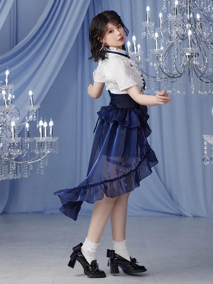 Genshin Impact Furina shorts outfit with decorative leg straps and bow waistband