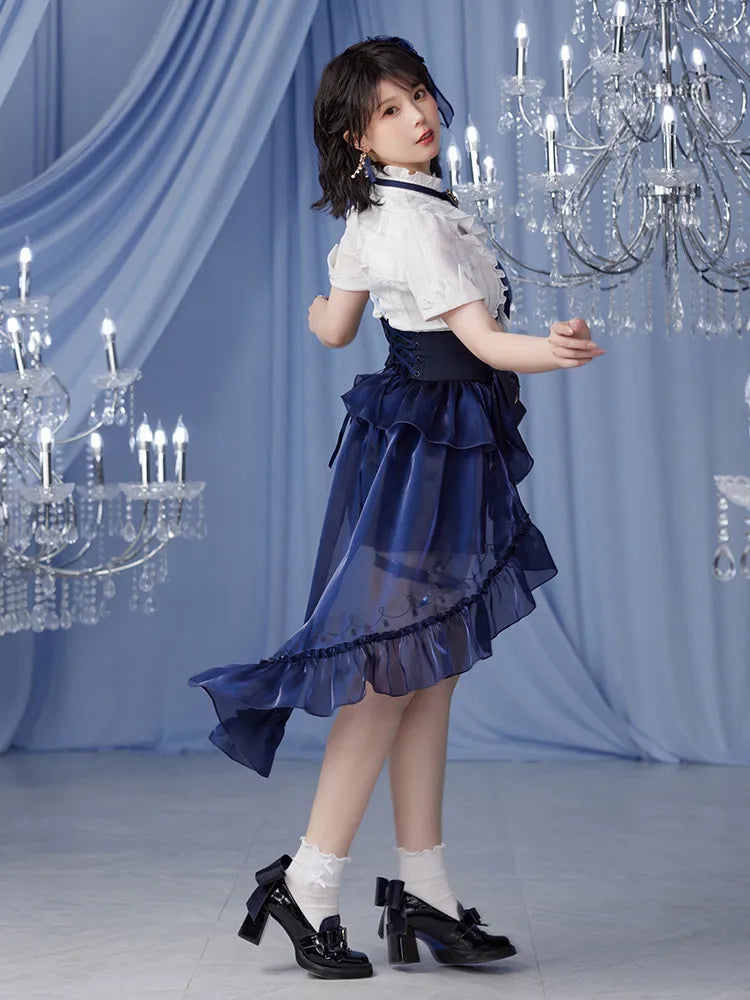 Genshin Impact Furina shorts outfit with decorative leg straps and bow waistband