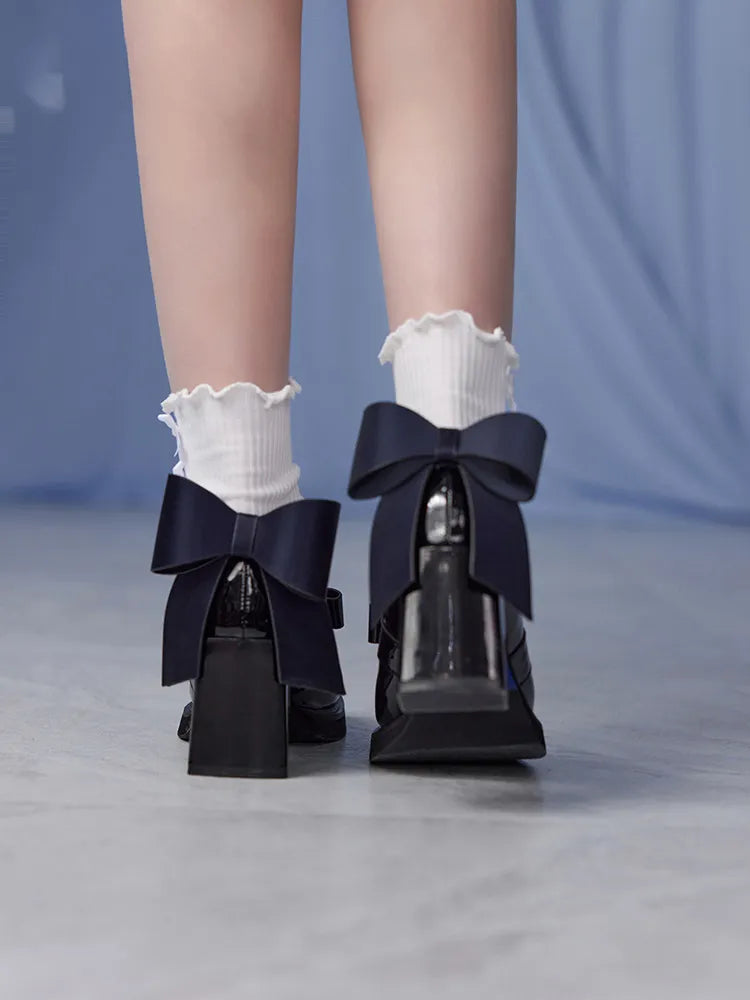 Genshin Impact Furina themed loafers with oversized bow heel detail