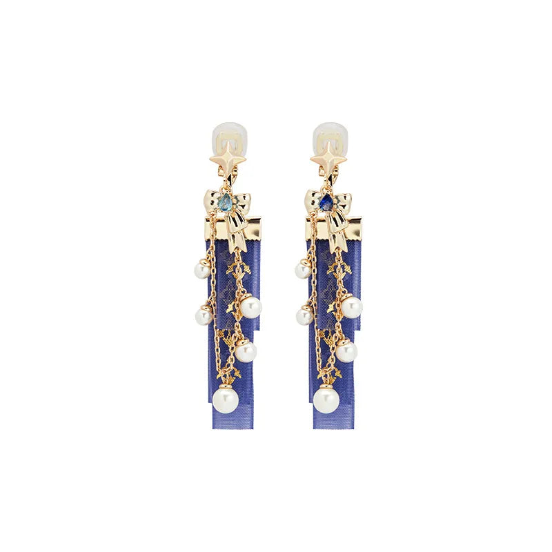 Genshin Impact Furina Ribbon Pearl Chain Clip On Earrings with elegant ribbon and pearl details