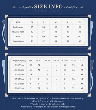 Genshin Impact Furina Short Uniform Jacket size chart and fitting guide