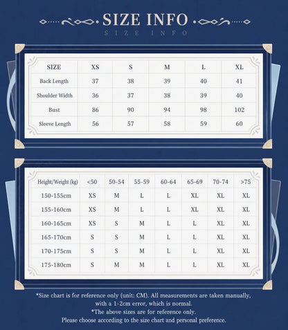 Genshin Impact Furina Short Uniform Jacket size chart and fitting guide