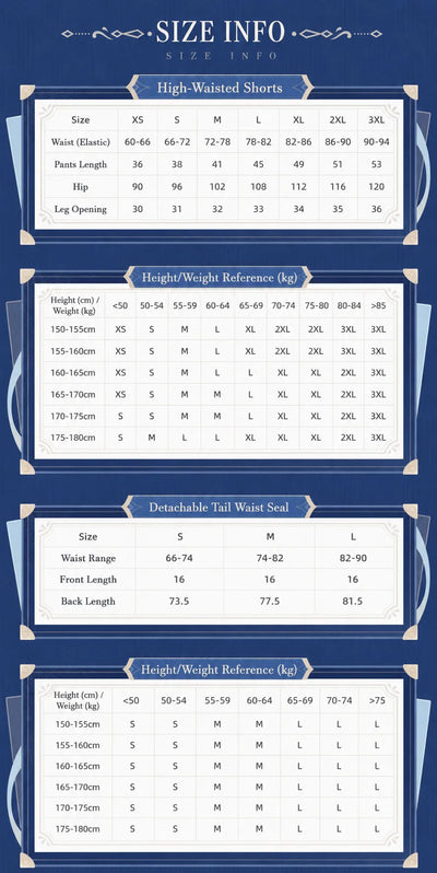 Genshin Impact Furina themed shorts and detachable tail waistband size chart reference