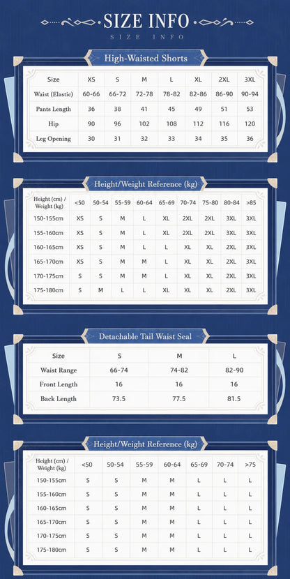 Genshin Impact Furina themed shorts and detachable tail waistband size chart reference