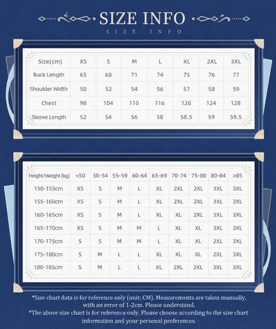 Genshin Impact Furina Themed Impression Series striped relaxed shirt size chart and fit guide