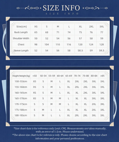 Genshin Impact Furina Themed Impression Series striped relaxed shirt size chart and fit guide