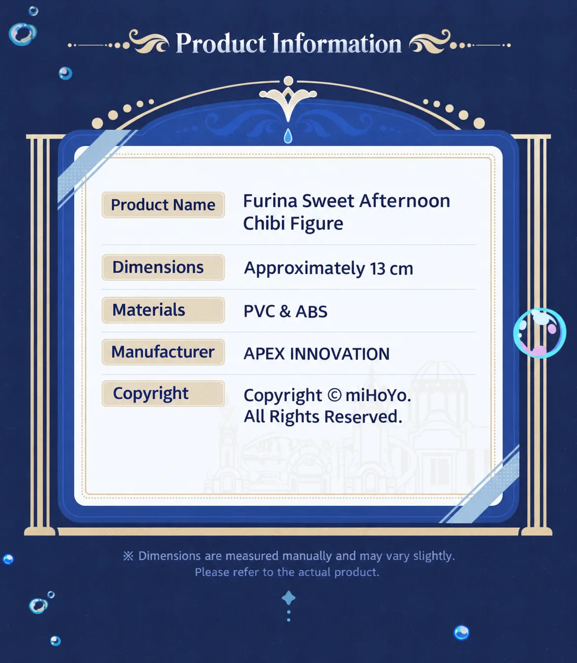 Furina Sweet Afternoon Chibi Figure product information with size and materials