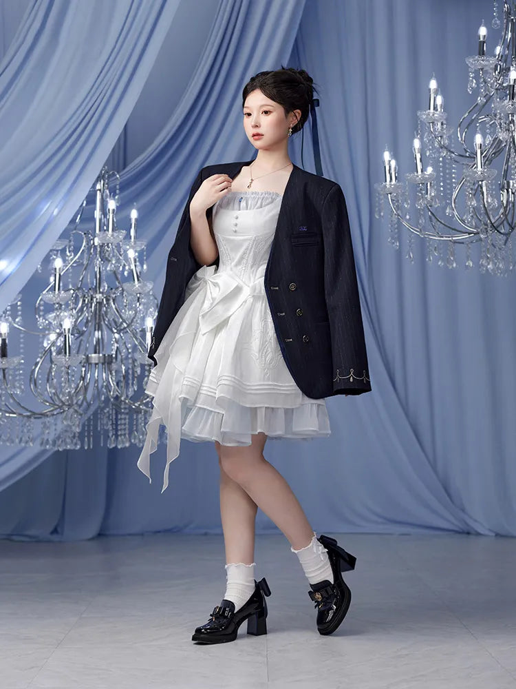 Furina themed dress model showcase with embroidered accents and structured silhouette