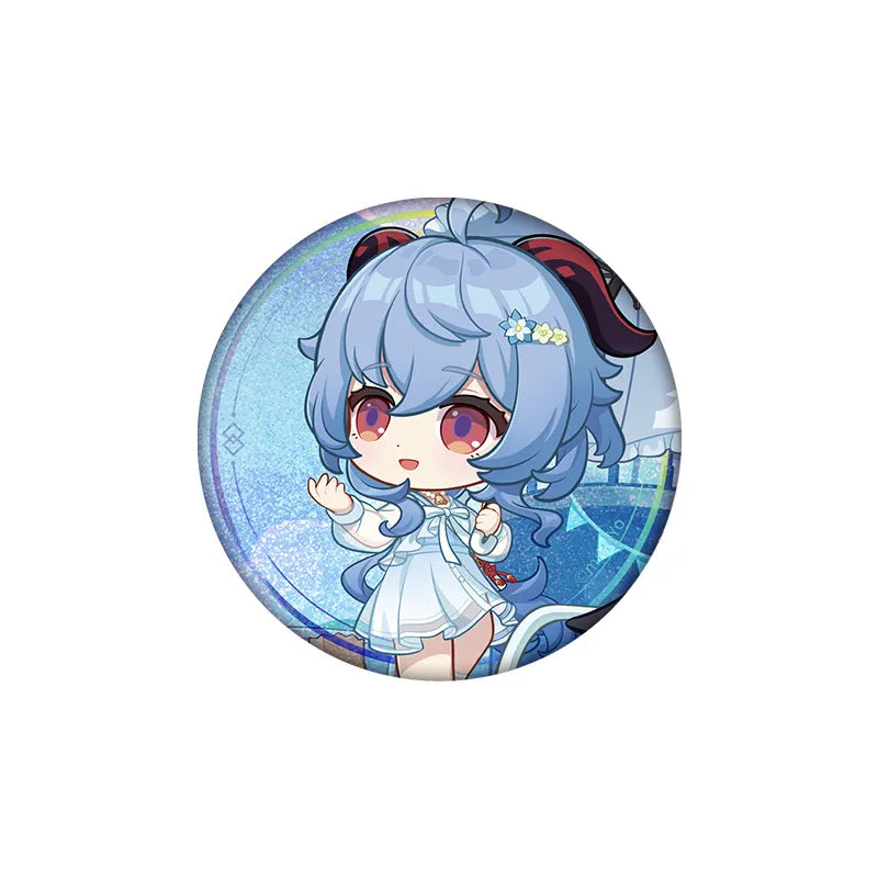 Genshin Impact Ganyu Serene Sea Wanderings chibi character badge with holographic style finish