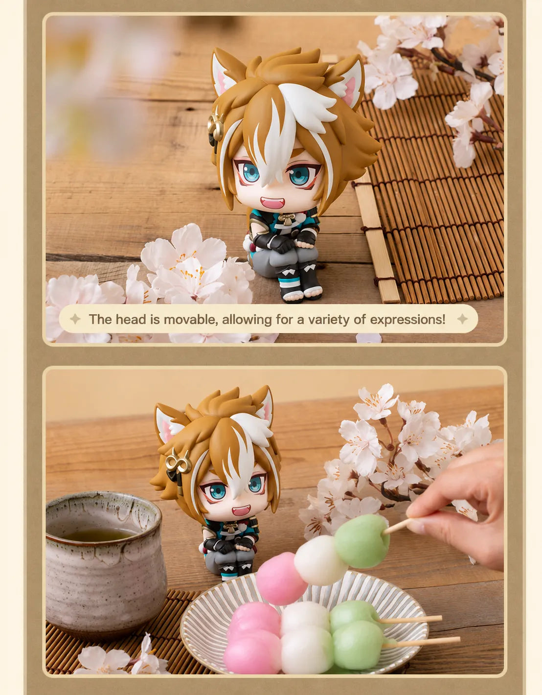Genshin Impact Gorou figure displayed with tea and decorative blossoms
