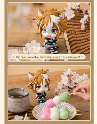 Genshin Impact Gorou figure displayed with tea and decorative blossoms