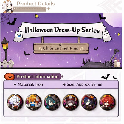 Genshin Impact Halloween dress up series chibi badge product details showing material iron and size 58mm