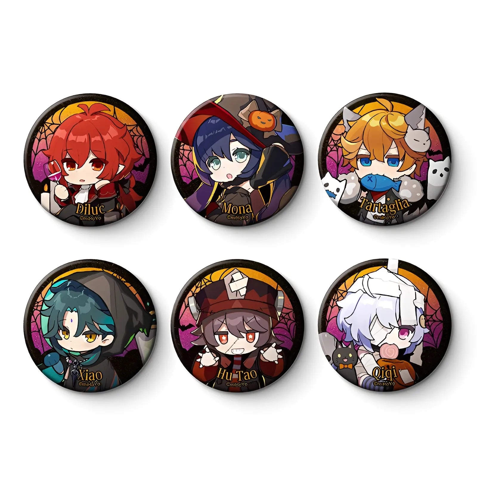 Genshin Impact Halloween dress up series chibi character badge collection featuring Diluc Mona Hu Tao Xiao Tartaglia and Qiqi