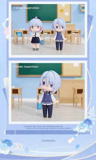 Kamisato Ayato HELLO! GOOD SMILE Chibi Figure displayed with Kamisato Ayaka in a classroom scene