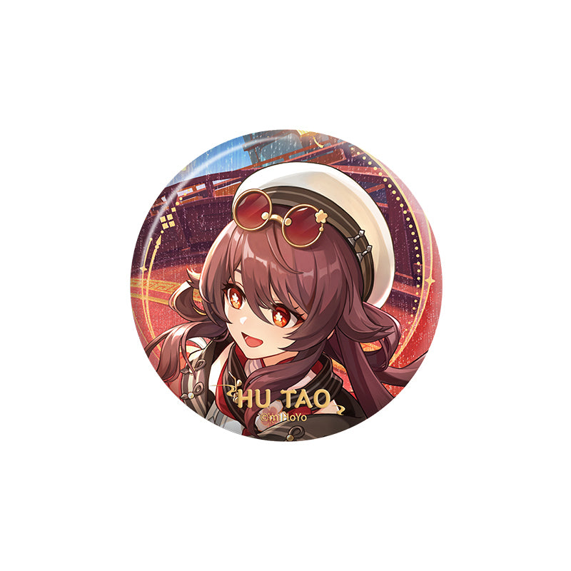 Genshin Impact Hu Tao character badge with holographic finish and themed artwork